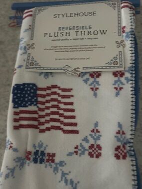 “New” STYLEHOUSE Reversible Plush Throw Blanket - Patriotic Red, White & Blue